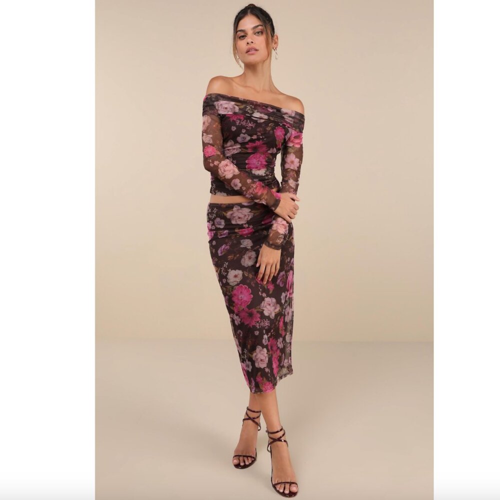 NEW ASOS Black Sweet Pink Rose Floral Print Mesh Off-the-Shoulder Top